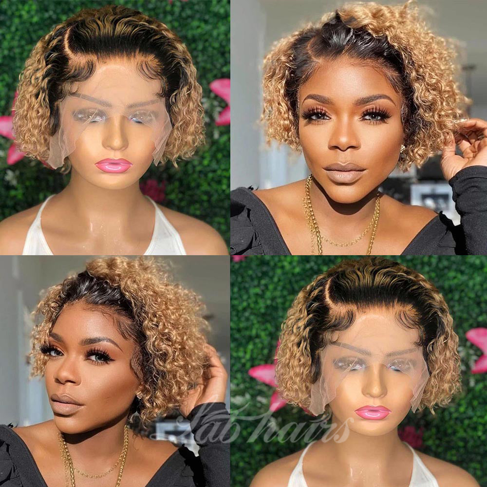 13*4 Undetectable Top Swiss HD Lace Ombre Honey Blonde Color Deep Curly Bob Wig